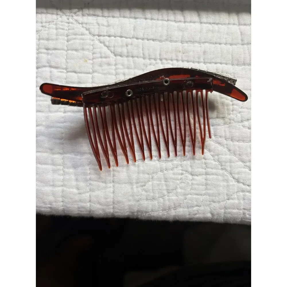 Vntg Women’s brown Tortoise Shell Curved Hair Comb with Silver Rhinestone Accent
